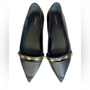 Versace Pointed Black Flats with Medusa Detail